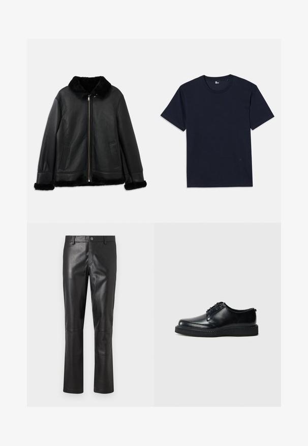 Černá kožená bunda s měkkým kožešinovým límcem, manžetami a spodním lemem, s předním zipem a dvěma bočními kapsami.; Námořnická modrá bavlněná tričko s krátkým rukávem, kulatým výstřihem a minimálními švy. Jednoduchý design bez viditelných vzorů nebo akcentů.; Černé kožené kalhoty s hladkou texturou, rovnými nohavicemi a jemným švem podél švů. Obsahují knoflíkové zapínání v pase.; Černé kožené šněrovací boty s kulatou špičkou, hladkým povrchem a strukturovanou černou gumovou podrážkou. Minimalistický design bez viditelných vzorů.