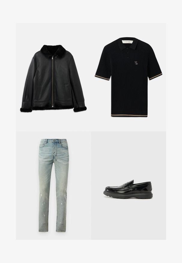 Juodas odinis švarkas su minkštu kailiniu apykakle, rankogaliais ir apatine dalimi, turintis priekį užtrauktuką ir dvi kišenes.; Juodas trumpomis rankovėmis juostuotas polo marškinėliai su apykakle, trimis mygtukais, smėlio spalvos apdaila ant rankovių ir atraižų, bei FP siuvinėtų logotipu kairėje krūtinėje.; Pilkai mėlyni aukšto liemens džinsai, su siauru siluetu. Yra šviesėjimo ir purslų detalės visame audinyje. Pagaminti iš denimo su kontrastingais siūlais.; Juodas odinis loaferis su blizgiu paviršiumi, apvaliu pirštu, subtiliais siūlių detalėmis ir storu guminio pado, užtikrinančio ilgaamžiškumą.
