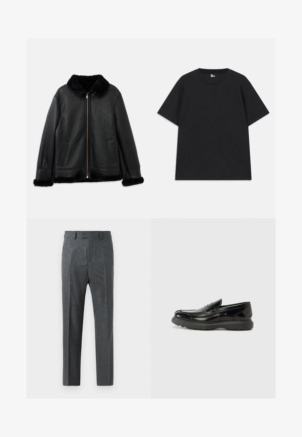 Zwarte leren jack met een zachte bontkraag, -manchetten en -zoom, voorzien van een rits aan de voorkant en twee schuine zakken.; Zwart kortebril T-shirt van katoen, met een ronde hals en een klein logo detail near de zoom. Gladde textuur, normale pasvorm.; Grijze op maat gemaakte broeken met een fijne ruitpatroon, rechte pijpen en een zachte stoftextuur. Voorzien van riemlussen en een rits.; Zwarte leren instapper met een glanzende afwerking, een ronde neus, subtiele stiksels en een dikke rubberen zool voor duurzaamheid.