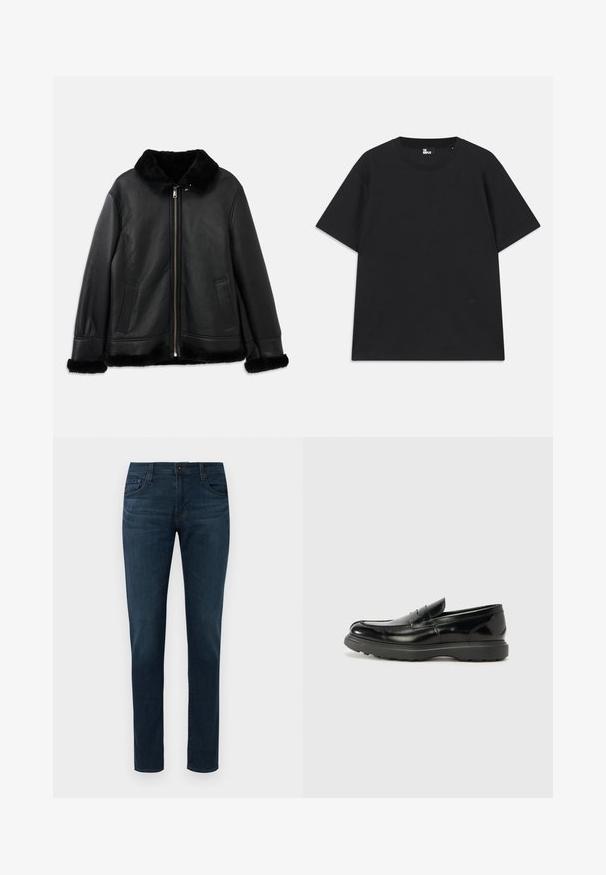 Μαύρο δερμάτινο μπουφάν με μαλακό γιακά από γούνα, μανσέτες και στρίφωμα, διαθέτει μπροστινό φερμουάρ και δύο τσέπες με σχισμές.; Μαύρο κοντομάνικο μπλουζάκι από βαμβάκι, με στρογγυλή λαιμόκοψη και μια μικρή λεπτομέρεια λογότυπου κοντά στο στρίφωμα. Λείος υφασμάτινος χαρακτήρας, κανονική εφαρμογή.; Σκούρο μπλε στενές τζιν παντελόνες με πέντε τσέπες, εμπρός κουμπί και κλείσιμο με φερμουάρ, απεικονίζονται σε λευκό φόντο.; Μαύρο δερμάτινο λούστρο με γυαλιστερή φινίρισμα, στρογγυλή μύτη, διακριτικές ραφές και παχύ καουτσούκ σόλα για ανθεκτικότητα.