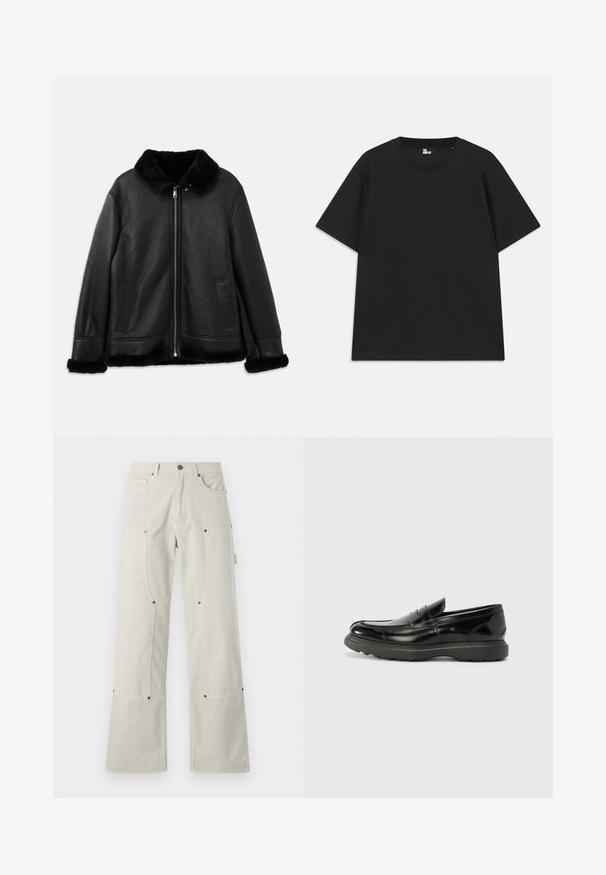 Sort læderjakke med blød pelskrave, manchetter og kant, med en lynlås foran og to skrålommer.; Sort kortærmet t-shirt lavet af bomuld, med rund halsudskæring og en lille logo detalje nær kanten. Glat tekstur, normal pasform.; Bredde ben, lyse beige bukser lavet af bomuld med en glat tekstur, der har påsyede lommer og metalhardware detaljer.; Sort læderloafer med en blank finish, rund tå, subtile syninger og en tyk gummisål for holdbarhed.
