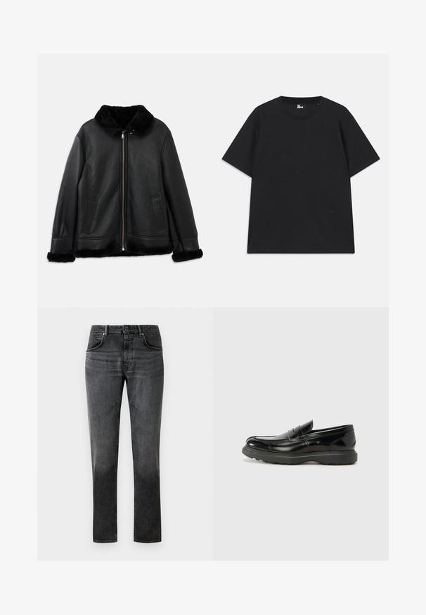 Black leather jacket with soft fur collar, cuffs, and hem, featuring a front zipper and two slit pockets.; Black short-sleeve t-shirt made of cotton, featuring a round neckline and a small logo detail near the hem. Smooth texture, regular fit.; Black denim jeans with a straight cut, five-pocket design, and subtle fade. Features a button closure and belt loops. Smooth texture.; Black leather loafer with a glossy finish, rounded toe, subtle stitching details, and a thick rubber sole for durability.