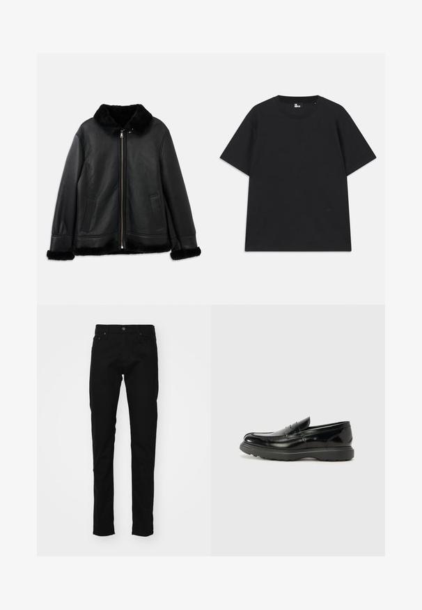 Fekete bőr dzseki puha szőrmével a galléron, az ujjakon és az alján, elöl cipzárral és két függőleges zsebbel.; Fekete, rövid ujjú pamut póló, kerek nyakkivágással és egy kis logórészlettel az alján. Sima textúra, normál szabás.; Fekete farmernadrág slim fit szabással, klasszikus öt zsebes dizájnnal, fém gombbal és tűzött részletekkel a zsebeken.; Fekete bőr loafer, fényes felülettel, kerek orral, diszkrét varrási részletekkel és vastag gumitalppal a tartósság érdekében.