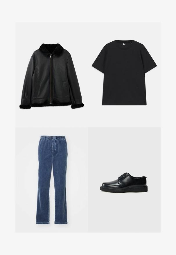 Black leather jacket with soft fur collar, cuffs, and hem, featuring a front zipper and two slit pockets.; Black short-sleeve t-shirt made of cotton, featuring a round neckline and a small logo detail near the hem. Smooth texture, regular fit.; ASPESI PANTALONE - Trousers - denim; Black leather lace-up shoes with a rounded toe, smooth finish, and textured black rubber sole. Minimalistic design with no visible patterns.