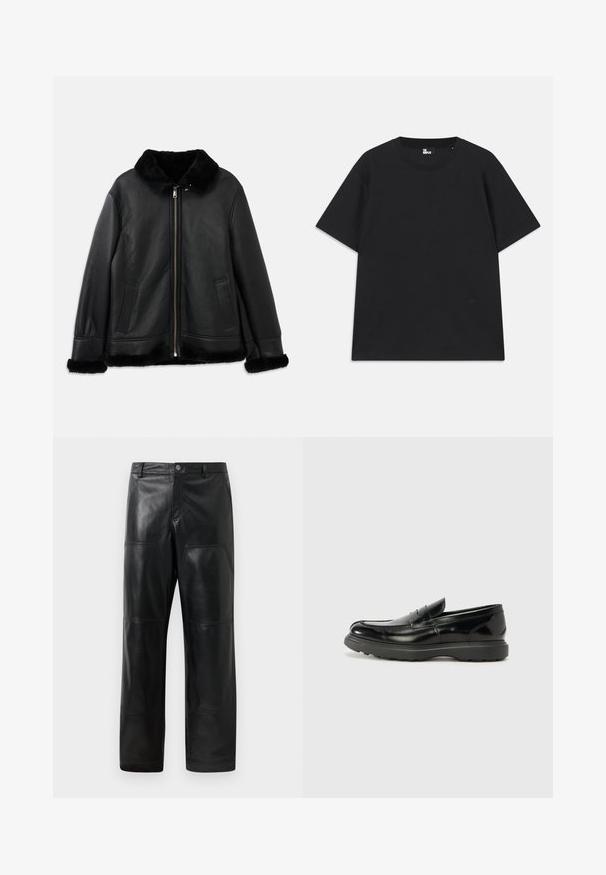 Fekete bőr dzseki puha szőrmével a galléron, az ujjakon és az alján, elöl cipzárral és két függőleges zsebbel.; Fekete, rövid ujjú pamut póló, kerek nyakkivágással és egy kis logórészlettel az alján. Sima textúra, normál szabás.; Fekete bőr nadrág, egyenes lábakkal, látható varrási részletekkel, oldalsó zsebekkel és klasszikus derékrésszel, gombos záródással.; Fekete bőr loafer, fényes felülettel, kerek orral, diszkrét varrási részletekkel és vastag gumitalppal a tartósság érdekében.