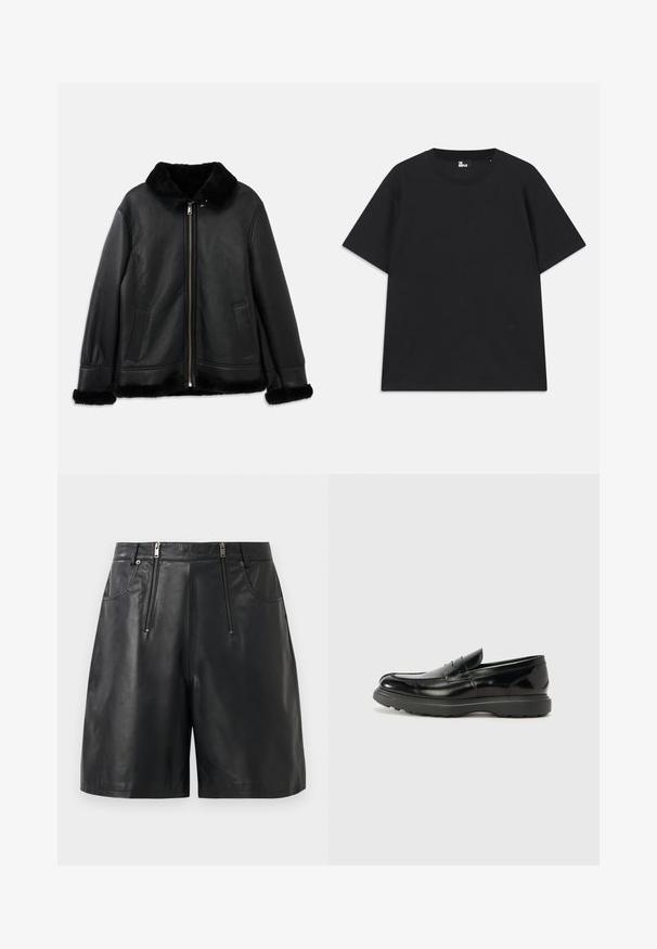 Čierna kožená bunda s mäkkým kožušinovým golierom, manžetami a lemom, s predným zipsom a dvoma vreckami s rozparkom.; Čierne tričko s krátkym rukávom vyrobené z bavlny, s okrúhlym výstrihom a malým logom pri leme. Hladká textúra, bežný strih.; Čierne šortky z umelej kože s dvoma prednými vertikálnymi zipsovými vreckami a pútkom na opasok, umiestnené na bielom pozadí.; Čierne kožené mokasíny s lesklým povrchom, okrúhlou špicou, subtilnými švami a hrubou gumovou podrážkou pre zvýšenú odolnosť.