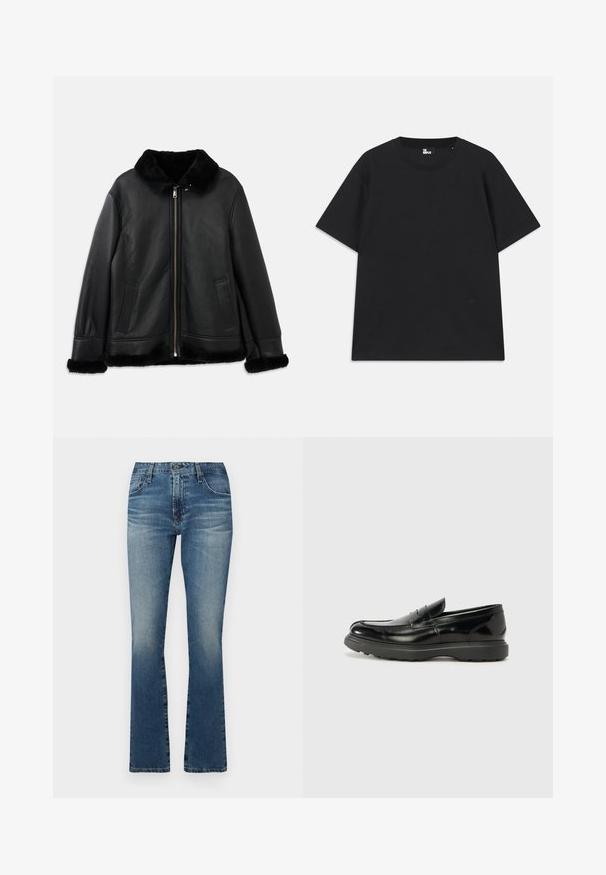 Fekete bőr dzseki puha szőrmével a galléron, az ujjakon és az alján, elöl cipzárral és két függőleges zsebbel.; Fekete, rövid ujjú pamut póló, kerek nyakkivágással és egy kis logórészlettel az alján. Sima textúra, normál szabás.; Középkék, elhalványodott színű, trapéz szabású farmernadrág klasszikus öt zsebes kialakítással és fém kiegészítőkkel.; Fekete bőr loafer, fényes felülettel, kerek orral, diszkrét varrási részletekkel és vastag gumitalppal a tartósság érdekében.