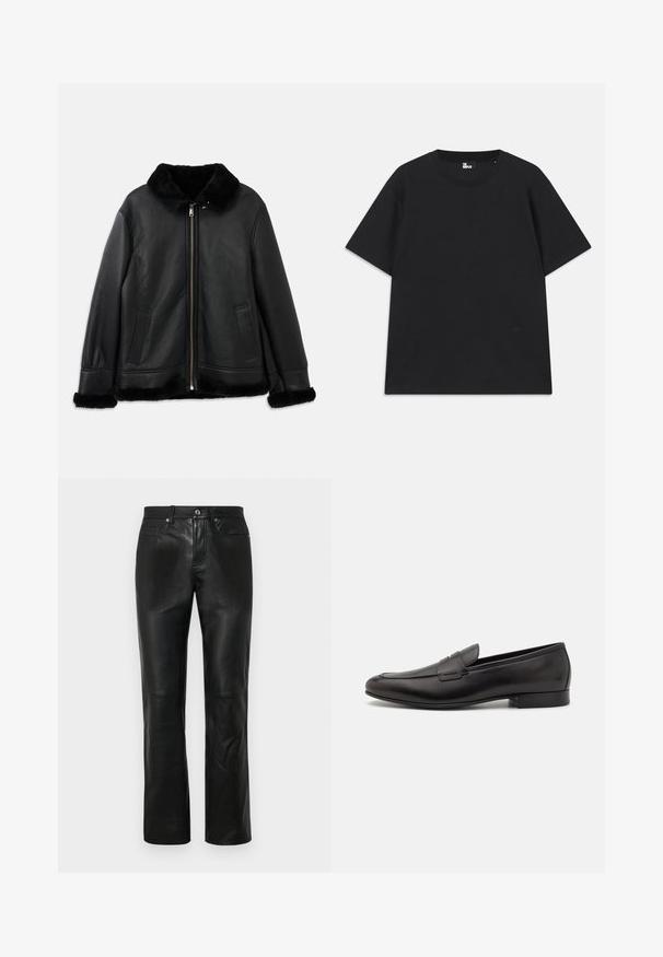 Fekete bőr dzseki puha szőrmével a galléron, az ujjakon és az alján, elöl cipzárral és két függőleges zsebbel.; Fekete, rövid ujjú pamut póló, kerek nyakkivágással és egy kis logórészlettel az alján. Sima textúra, normál szabás.; Fekete bőrnadrág egyenes szabású dizájnnal, gombos zárással, négy zsebbel és sima textúrával. Erősített varrási részletek láthatók.; Fekete bőr loaferek elegáns dizájnnal, kerek orral és alacsony, rétegelt sarokkal. Díszített varrással rendelkezik a felsőrészen.