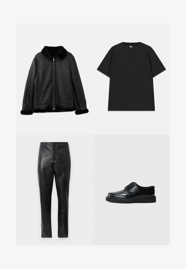 Schwarze Lederjacke mit weichem Pelzkragen, -manschetten und -saum, ausgestattet mit einem Frontreißverschluss und zwei Schlitztaschen.; Schwarzes Kurzarm-T-Shirt aus Baumwolle mit rundem Halsausschnitt und einem kleinen Logo-Detail am Saum. Glatte Textur, reguläre Passform.; Schwarze Kunstlederhosen mit einer subtilen Krokodilhautstruktur, geradem Beinanschnitt und hohem Bund, vor einem schlichten weißen Hintergrund präsentiert.; Schwarze Schnürschuhe aus Leder mit abgerundeter Spitze, glatter Oberfläche und strukturierter schwarzer Gummisohle. Minimalistisches Design ohne sichtbare Muster.