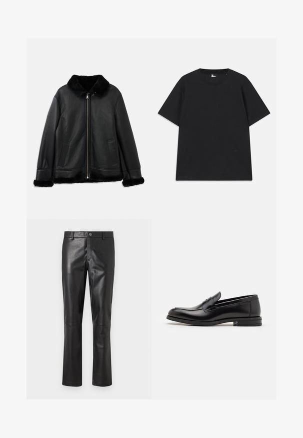 Must musta mantel pehmea karusnaha krae, otsmikuosade ja hemiga, ees luku ja kahe lõhiku taskuga.; Must värviline lühikeste varrukatega T-särk, mis on valmistatud puuvillast, ümmarguse kaelusega ja väikese logo detailiga allääres. Sile tekstuur, regulaarne lõige.; Mustad nahkpüksid suju pinnaga, sirge säärega disain ja peen õmblus õmbluste ümber. Omab nupuga kinnitust vöökoht. ; Mustad mustad nahast loafers sileda tekstuuriga, ümarat ninaosa ja dekoratiivne riba vampi üle. Madal kihiline konts, minimalistlik disain.