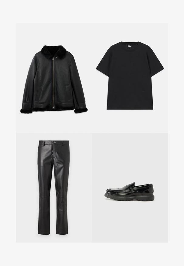 Črna usnjena jakna z mehkim krznom na ovratniku, manšetah in robu, z zadrgo spredaj in dvema žeprakoma.; Črn kratkosleeven majica iz bombaža, z okroglim izrezom in majhnim logotipom pri robu. Gladka tekstura, običajen kroj.; Črne usnjene hlače z gladko teksturo, ravno krojenjem in diskretnim šivanjem ob šivih. Imajo gumbasto zapiranje v pasu.; Črne usnjene loafer čevlje z sijajno obdelavo, okroglo špico, subtilnimi šivi in debelim gumijastim podplatom za trajnost.