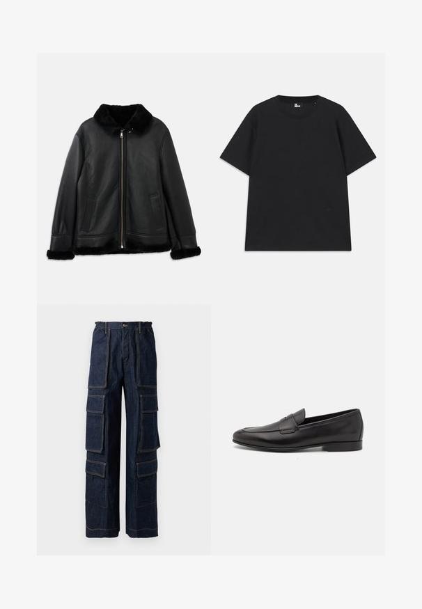 Chaqueta de cuero negro con suave cuello de piel, puños y dobladillo, que cuenta con una cremallera frontal y dos bolsillos con aberturas.; Camiseta de algodón de manga corta en color negro, con cuello redondo y un pequeño logo cerca del dobladillo. Textura suave, corte regular.; Pantalones cargo de mezclilla azul marino con múltiples bolsillos grandes, cintura elástica y costuras naranjas en contraste. Diseño de pierna ancha para un ajuste relajado.; Mocasín negro de cuero para hombres con un tacón bajo y un diseño clásico de cinta para monedas, mostrado en perfil lateral sobre un fondo blanco.