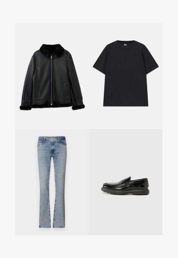 Casaco de cabedal preto com colarinho de pelúcia suave, punhos e bainha, apresentando um fecho éclair frontal e dois bolsos laterais.; Camiseta preta de mangas curtas em algodão, com decote redondo e um pequeno detalhe de logo perto da bainha. Textura suave, corte regular.; Jeans de ganga azul claro, com corte flared, cintura média, cinco bolsos e acabamento desbotado, apresentando fecho de correr e botão em metal.; Mocassim de couro preto com acabamento brilhante, bico arredondado, detalhes de costura subtil e sola de borracha espessa para durabilidade.