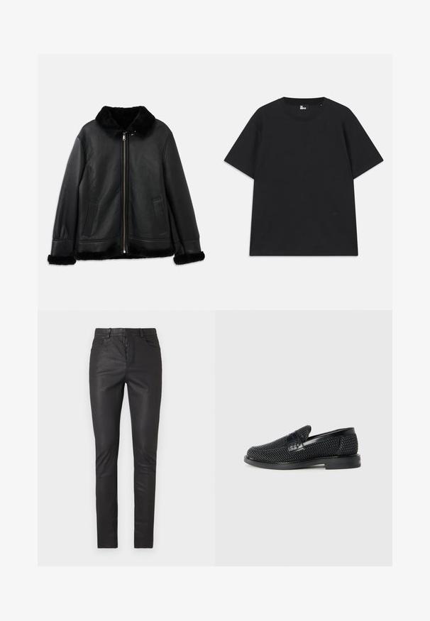 Zwarte leren jack met een zachte bontkraag, -manchetten en -zoom, voorzien van een rits aan de voorkant en twee schuine zakken.; Zwart kortebril T-shirt van katoen, met een ronde hals en een klein logo detail near de zoom. Gladde textuur, normale pasvorm.; Zwarte slim-fit neplederen broek met een knoop aan de voorkant, rits en vijf zakken, weergegeven op een witte achtergrond.; Zwartegeweven instap schoenen met een glad leren accent aan de bovenkant, een ronde neusontwerp en een laag profiel rubberen zool.