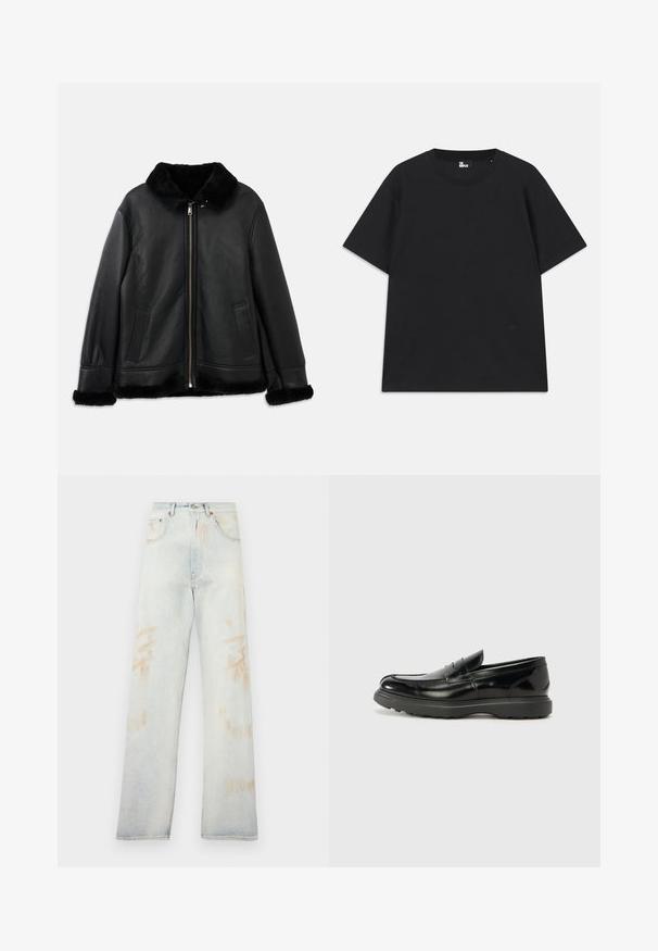 Crna kožna jakna s mekim krznom na ovratniku, rukavima i rubu, koja ima prednji patentni zatvarač i dva proreza u džepovima.; Crna kratkotrajna majica s kratkim rukavima od pamuka, s okruglim izrezom i malim logotipom blizu rubova. Glatka tekstura, klasičan kroj.; Svijetloplave traperice s visokim strukom, širokim nogavicama i blagim izblijedjelim mrljama. Imaju tradicionalni dizajn s pet džepova i metalne detalje.; Crne kožne mokasine s sjajnom završnom obradom, okruglim vrhom, suptilnim detaljima šivanja i debelim gumenim đonom za izdržljivost.