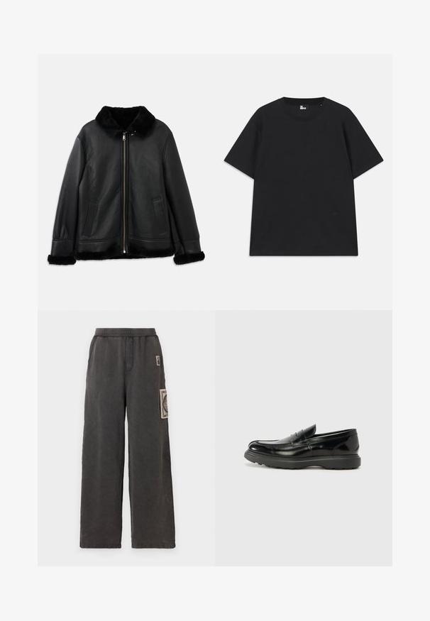 Chaqueta de cuero negro con suave cuello de piel, puños y dobladillo, que cuenta con una cremallera frontal y dos bolsillos con aberturas.; Camiseta de algodón de manga corta en color negro, con cuello redondo y un pequeño logo cerca del dobladillo. Textura suave, corte regular.; Pantalones de pierna ancha en tela gris oscuro, con un parche decorativo en el bolsillo delantero y una cintura elástica para mayor comodidad.; Mocasín de cuero negro con un acabado brillante, punta redondeada, detalles de costura sutiles y una suela de goma gruesa para mayor durabilidad.