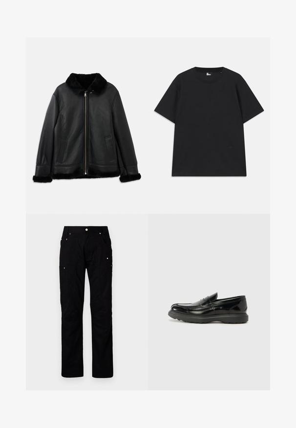 Black leather jacket with soft fur collar, cuffs, and hem, featuring a front zipper and two slit pockets.; Black short-sleeve t-shirt made of cotton, featuring a round neckline and a small logo detail near the hem. Smooth texture, regular fit.; Black cargo pants made of durable fabric featuring multiple pockets, reinforced stitching, and metal accents for enhanced functionality.; Black leather loafer with a glossy finish, rounded toe, subtle stitching details, and a thick rubber sole for durability.