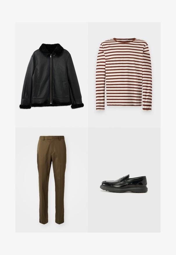 Čierna kožená bunda s mäkkým kožušinovým golierom, manžetami a lemom, s predným zipsom a dvoma vreckami s rozparkom.; Dlhý rukáv s výstrihom do Crew s horizontálnymi hnedo-bielymi pruhmi, vyrobený z mäkkého materiálu, položený na svetlom pozadí.; Hnedé upravené nohavice v priamej siluete, vyrobené z hladkej tkaniny s bočnými vreckami a skladom na prednej strane.; Čierne kožené mokasíny s lesklým povrchom, okrúhlou špicou, subtilnými švami a hrubou gumovou podrážkou pre zvýšenú odolnosť.