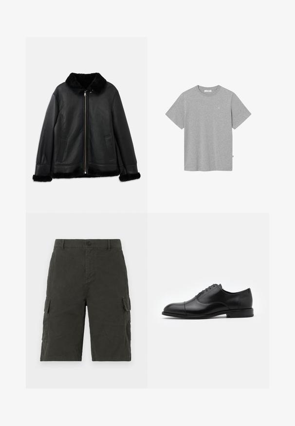 Black leather jacket with soft fur collar, cuffs, and hem, featuring a front zipper and two slit pockets.; Gray cotton t-shirt with a crew neckline and short sleeves. Features a small logo printed on the upper chest area. Simple, solid design.; Dark green cargo shorts made of a lightweight fabric, featuring two side pockets and a button closure at the waist.; Black leather dress shoe with a rounded toe, lace-up design, and subtle stitching details. Features a low heel and smooth texture.