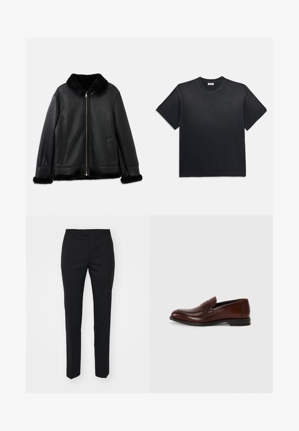 Fekete bőr dzseki puha szőrmével a galléron, az ujjakon és az alján, elöl cipzárral és két függőleges zsebbel.; Fekete pamut póló kerek nyakkivágással és rövid ujjakkal. Lazább fazon, sima textúra és minimalista design jellemzi.; Fekete nadrág, egyenes szárú dizájnnal, sima anyagból készült. Elöl gyűrődések, oldalsó zsebek és lapos derékpánt jellemzi.; Barna bőr loaferek lekerekített orral, elülső pánt részlettel és alacsony, stílusos sarokkal. Sima textúra minimális díszítéssel.