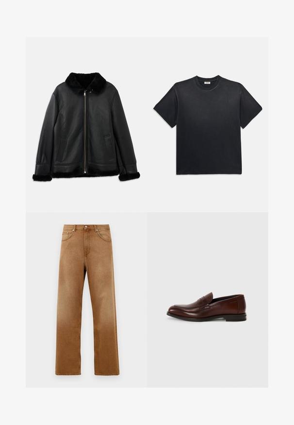 Melnā ādas jaka ar mīkstu kažokādas apkakli, aprocēm un apakšmalu, ar priekšējo rāvējslēdzēju un divām ieliktām kabatām.; Melna kokvilnas T-kreklā ar apaļu kakla izgriezumu un īsām piedurknēm. Iezīmējas ar brīvu piegriezumu, gludu tekstūru un minimālistisku dizainu.; Brūni denimi platā kāju džinsi ar augsto jostasvietu, ar divām priekšējām kabatām, pogu aizdari un smalku tekstūru. Nav pamanāmu rakstu vai akcentu.; Brūni ādas loaferi ar noapaļotu purngalu, priekšējo siksniņu un zemu krautu papēdi. Gluda tekstūra ar minimāliem dekoratīviem akcentiem.