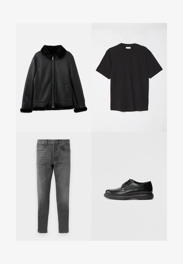 Black leather jacket with soft fur collar, cuffs, and hem, featuring a front zipper and two slit pockets.; Black cotton t-shirt with a crew neck, short sleeves, and a relaxed fit. Simple design, smooth texture, and no visible patterns or logos.; Gray denim jeans with a straight-leg cut, featuring a classic five-pocket design and subtle fading. Button and zipper closure at waistband.; Black leather lace-up Oxford shoe with thick sole and "WATERMAN" embossed on side, shown in profile on light gray background.