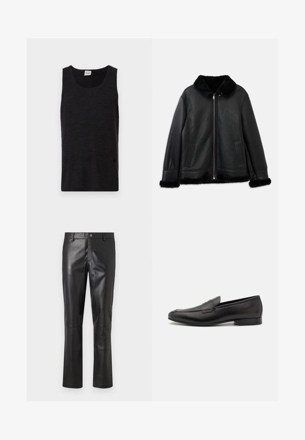 Čierna kožená bunda s mäkkým kožušinovým golierom, manžetami a lemom, s predným zipsom a dvoma vreckami s rozparkom.; Čierny bezrukávový tričko s textúrovaným materiálom. Má okrúhly výstrih a diskrétny logotyp blízko lemu. Jednoduchý dizajn.; Čierne kožené nohavice s hladkou textúrou, rovnými nohavicami a jemným prešívaním pozdĺž švov. Vybavené zapínaním na gombík v páse.; Čierne kožené mokasíny s elegantným dizajnom, zaoblenou špičkou a nízkym stohovaným opätkom. Obsahujú dekoratívne prešívanie na vrchnej časti.