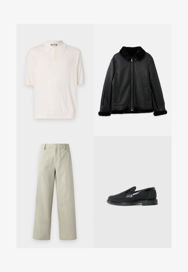 Čierna kožená bunda s mäkkým kožušinovým golierom, manžetami a lemom, s predným zipsom a dvoma vreckami s rozparkom.; Polo tričko s krátkym rukávom v krémovej farbe s klasickým golierom, zakončením na štyri gombíky a elastickým lemom. Vyrobené z jemnej a ľahkej tkaniny.; Han Kjøbenhavn WIDE LEG - Nohavice - light grey; Čierne tkané slip-on topánky s hladkým koženým akcentom na vrchnej časti, s okrúlym dizajnom špičky a nízkoprofilovou gumovou podrážkou.