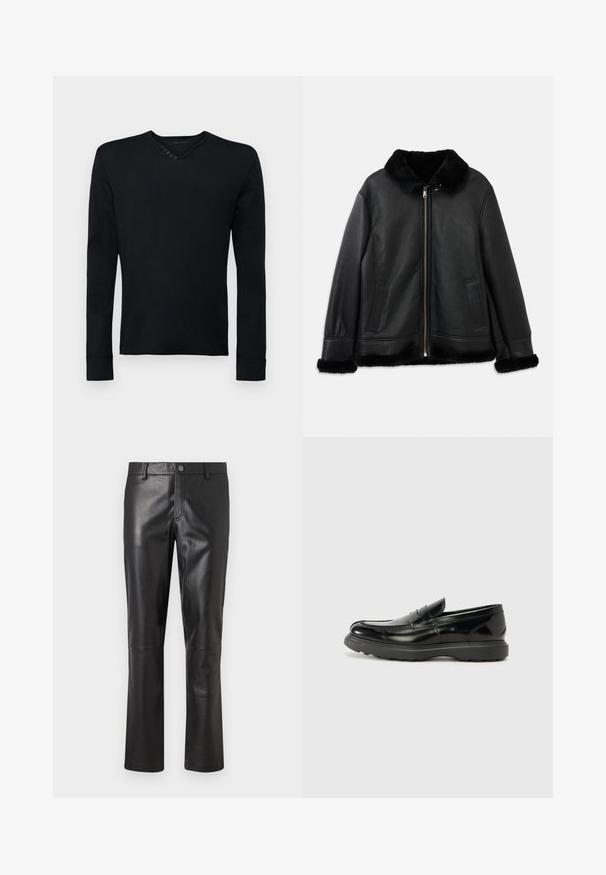 Chaqueta de cuero negro con suave cuello de piel, puños y dobladillo, que cuenta con una cremallera frontal y dos bolsillos con aberturas.; Camisa negra de manga larga hecha de tela suave, con un cuello redondo y cinco botones decorativos en el hombro izquierdo, además de puños acanalados.; Pantalones de cuero negro con una textura suave, diseño de pierna recta y costuras sutiles a lo largo de las costuras. Presenta un cierre de botón en la cintura.; Mocasín de cuero negro con un acabado brillante, punta redondeada, detalles de costura sutiles y una suela de goma gruesa para mayor durabilidad.