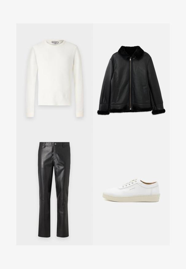 Musta nahkatakki, jossa on pehmeä turkiskaulus, hihansuut ja helma, edessä vetoketju ja kaksi viilto-taskua.; Valkoinen pitkähihaine lämpöpaita, jossa on ribbytkangastettu pinta, pyöreä kaula-aukko ja resorihihansuut. Yksinkertainen muotoilu ilman kuvioita tai lisäkorostuksia.; Musta nahkahousut, joissa on sileä tekstuuri, suorat lahkeet ja huomaamaton ommel saumoissa. Vyötäröllä on nappikiinnitys.; Valkoiset nahkakengät, joissa on teksturoitu pinta, pyöreä kärki, beigen värinen kumipohja ja kuusi harmaata nauhakujaa, joissa on huomaamaton brändäys sivussa.