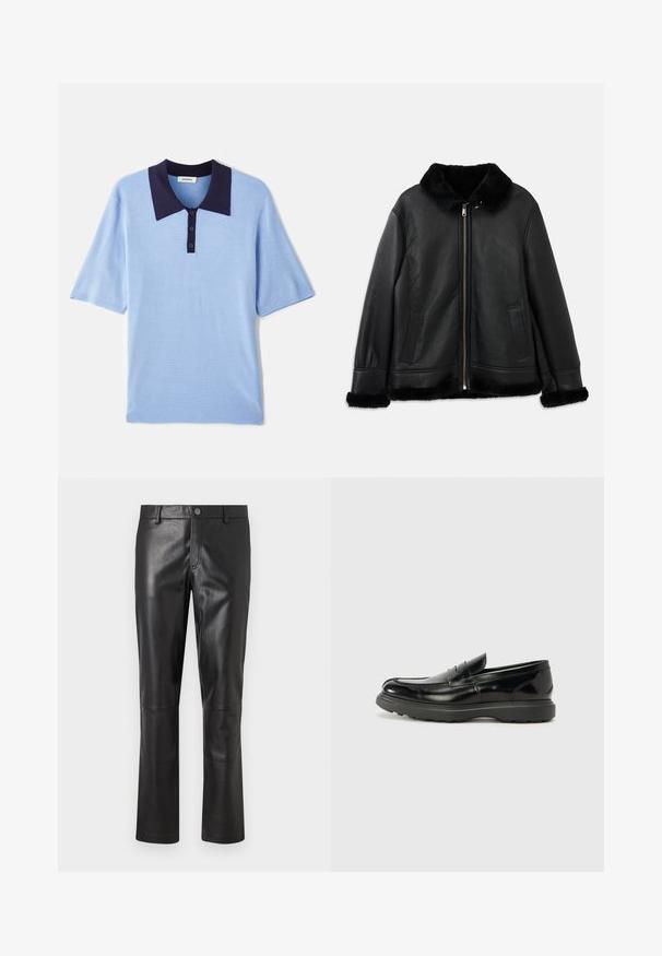 Juodas odinis švarkas su minkštu kailiniu apykakle, rankogaliais ir apatine dalimi, turintis priekį užtrauktuką ir dvi kišenes.; Šviesiai mėlyna trumpomis rankovėmis polo marškinėliai su tamsiai mėlynu apykakle ir trimis mygtukais. Minkštas, kvėpuojantis audinys su tekstūruotu paviršiumi.; Juodos odinės kelnės, turinčios lygią tekstūrą, tiesių kojų kirpimą ir subtilią siuvimo liniją palei siūles. Savybėje yra mygtuko užtrauktukas juosmens srityje.; Juodas odinis loaferis su blizgiu paviršiumi, apvaliu pirštu, subtiliais siūlių detalėmis ir storu guminio pado, užtikrinančio ilgaamžiškumą.