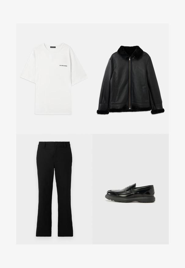 Black leather jacket with soft fur collar, cuffs, and hem, featuring a front zipper and two slit pockets.; White short-sleeve t-shirt made of cotton. Features a crew neckline and black "LES BENJAMINS" text on the left chest. Smooth texture.; Black flared trousers made of cotton blend fabric, featuring a button closure, belt loops, and a smooth texture with no visible patterns.; Black leather loafer with a glossy finish, rounded toe, subtle stitching details, and a thick rubber sole for durability.