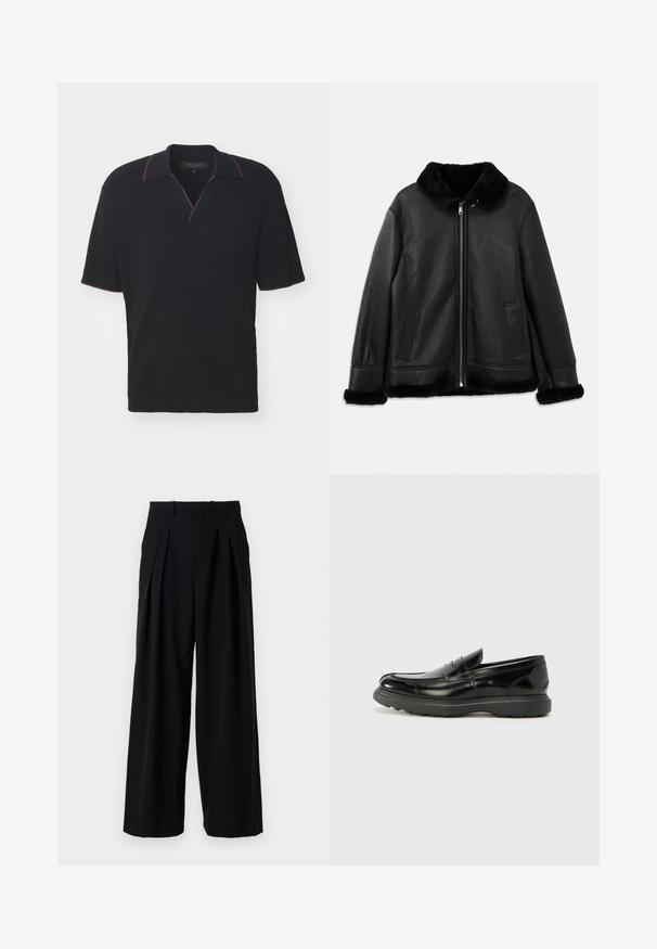 Zwarte leren jack met een zachte bontkraag, -manchetten en -zoom, voorzien van een rits aan de voorkant en twee schuine zakken.; rag & bone HARBOR JOHNNY COLLAR - Poloshirt - black; Zwarte broek met een wijd uitlopende pijp, plooien aan de voorkant en een gestructureerde tailleband. Gemaakt van een gladde stof zonder zichtbare accenten.; Zwarte leren instapper met een glanzende afwerking, een ronde neus, subtiele stiksels en een dikke rubberen zool voor duurzaamheid.
