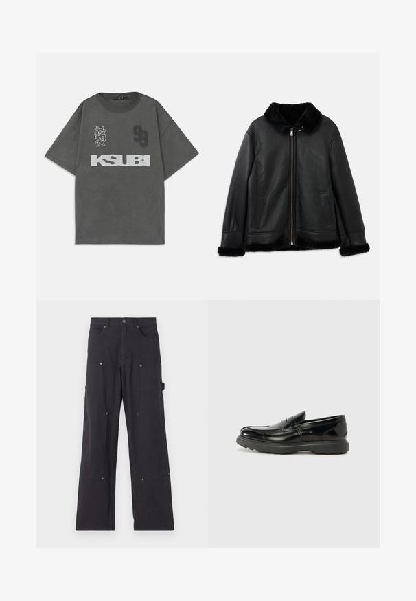 Jachetă din piele neagră cu guler, manșete și tiv din blană moale, având un fermoar frontal și două buzunare fante.; Tricou mare, de culoare gri, cu guler rotund. Prezintă textul alb "KSUBI", numărul "99" și un design grafic. Confecționat dintr-un material moale.; Pantaloni cargo negri, realizați dintr-un material durabil, cu un design pe picior drept, având buzunare frontale, capse și buzunare laterale pentru unelte.; Mocasin din piele neagră cu o finisare lucioasă, vârf rotunjit, detalii de cusătură subtile și o talpă groasă din cauciuc pentru durabilitate.