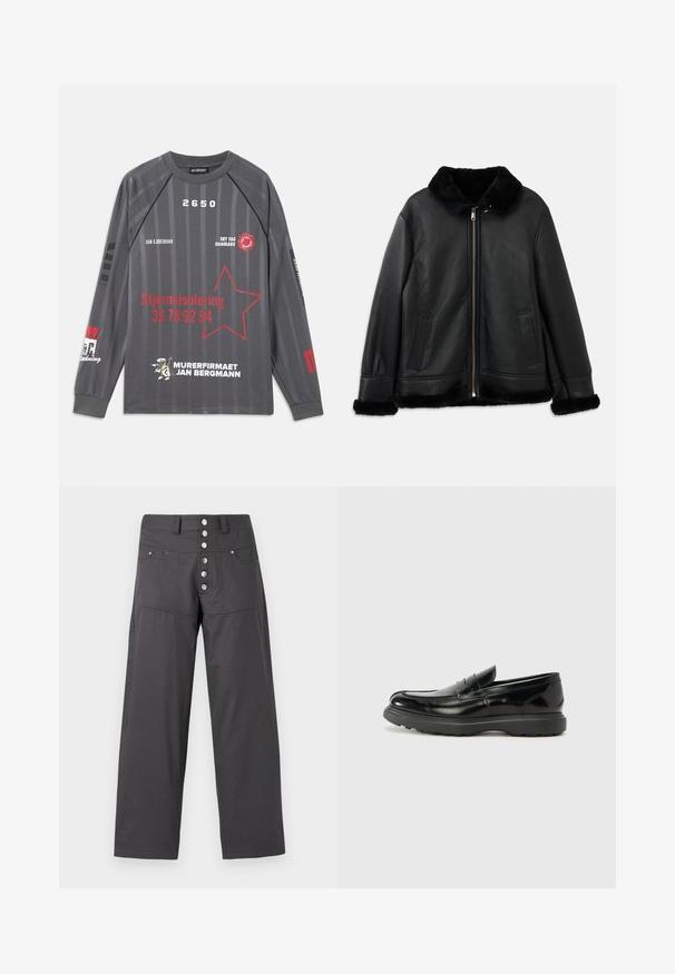 Veste en cuir noir avec un col, des poignets et un ourlet en fourrure douce, dotée d'une fermeture éclair à l'avant et de deux poches fendues.; Chemise à manches longues gris foncé avec des rayures verticales, un graphique d'étoile rouge et du texte blanc et rouge incluant "Stjerneisolering" et "Murerfirmaet Jan Bergmann."; Pantalons larges gris en tissu léger, dotés d'une fermeture à boutons avec cinq boutons métalliques et de deux poches avant.; Mocassin en cuir noir avec une finition brillante, bout arrondi, détails de couture subtils et semelle en caoutchouc épaisse pour la durabilité.