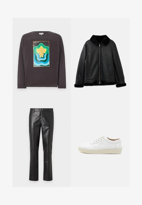Sort læderjakke med blød pelskrave, manchetter og kant, med en lynlås foran og to skrålommer.; Mørkegrå langærmet t-shirt med et farverigt geometrisk design med bølger og stjerner i grøn, blå, gul og orange.; Sorte læderbukser med en glat overflade, lige ben-design og diskrete stikninger langs sømmene. Har en knaplukning i taljen.; Hvide lædersneakers med en tekstureret overflade, rund tå, beige gummisål og seks grå snøreøjer, med subtil branding på siden.
