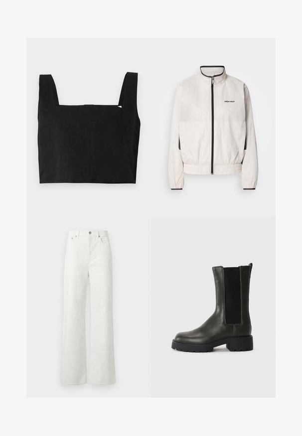 Calvin Klein Jeans RETRO TRACK JACKET - Veste de survêtement - tofu; Top noir court en coton avec encolure carrée et larges bretelles. Le tissu a une texture lisse et un design minimaliste.; Samsøe Samsøe SHELLY - Jean boyfriend - clear cream; Bottine en cuir vert avec des panneaux élastiques sur les côtés, bout arrondi et semelle en caoutchouc. Présente une finition texturée et un talon épais.