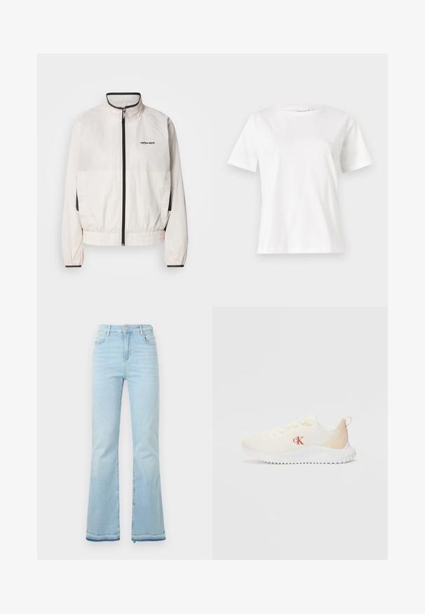 Calvin Klein Jeans RETRO TRACK JACKET - Spordijakk - tofu; Valge puuvillane T-särk lühikeste varrukatega, ümmarguse kaelusega ja vabalt istuv. Sile tekstuur, ilma mustrite ja aktsentideta, minimalistik disain.; Heledad helesinised teksad, mis on valmistatud denimist, kõrge vöökohaga, esikottidega ning toore äärtega sääreosas, et luua lõdvestunud välimus.; Valged võrkmaterjalist tossud tekstureeritud pinnaga, heledad beežid aktsendid, kõrge valge tald ja punane "CK" logo küljes.