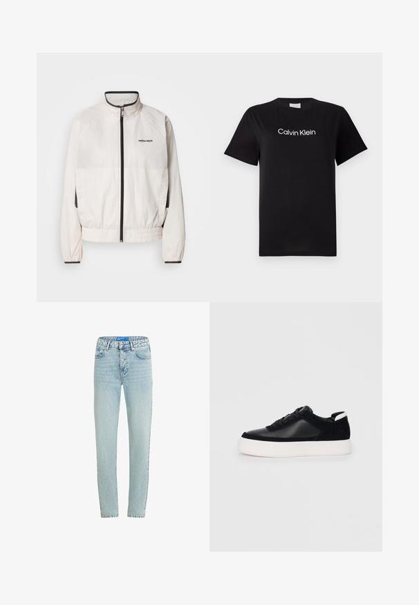 Calvin Klein Jeans RETRO TRACK JACKET - Jakna za treniranje - tofu; Crna pamučna majica s kratkim rukavima, s bijelim logotipom "Calvin Klein" otisnutim preko grudi. Klasični dizajn s okruglim izrezom.; Svijetloplave traperice ravnog kroja, s pet džepova i dugmetom za zatvaranje. Imaju izbjeljena područja i pojačane šavove.; Crne tenisice s glatkom kožom i panelima od antilopa, ravne vezice, zaobljenim vrhom i bijelim gumeni potplat. Izraziti logo na peti.