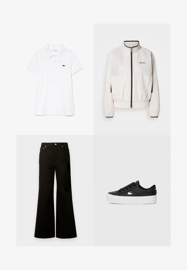 Calvin Klein Jeans RETRO TRACK JACKET - Træningsjakke - tofu; Hvid polo-skjorte lavet af bomuld, med en klassisk krave, tre-knaps lukning og et grønt Lacoste-logo på venstre bryst.; Sorte jeans med høj talje og vide ben, foran med knap og lynlås, bæltestropper og fem lommer inklusive en lille møntlomme.; Sort lavtop sneaker lavet af syntetisk materiale, med en hvid gummisål, sorte snørebånd og et lille hvidt logo på siden.