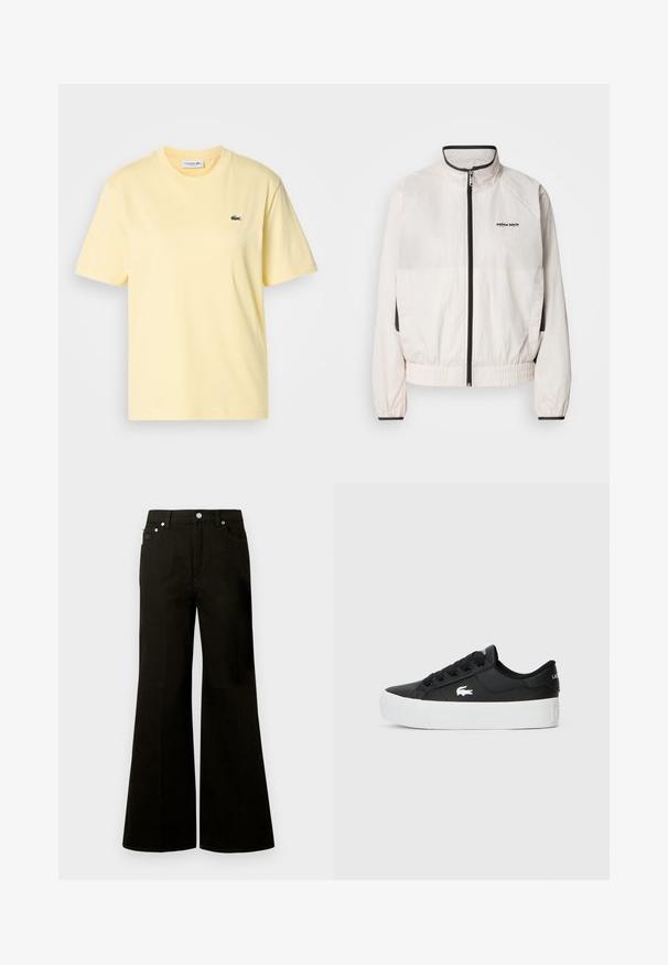 Calvin Klein Jeans RETRO TRACK JACKET - Chaqueta de entrenamiento - tofu; Camiseta de algodón amarilla con mangas cortas y cuello redondo. Presenta un pequeño logo de cocodrilo bordado en verde en el pecho.; Vaqueros negros de tiro alto y pernera ancha con botón y cremallera frontales, trabillas para cinturón y cinco bolsillos, incluyendo un pequeño bolsillo para monedas.; Zapatilla baja negra hecha de material sintético, con una suela de goma blanca, cordones negros y un pequeño logo blanco en el costado.