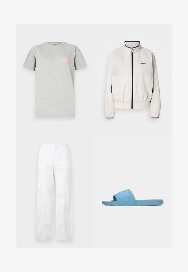 Calvin Klein Jeans RETRO TRACK JACKET - Jakna za treniranje - tofu; Siva pamučna majica s okruglim izrezom, kratkim rukavima i ružičastim grafičkim motivom luka sa zrakama sunca na lijevoj strani prsnog koša.; Bijele široke hlače od laganog materijala, s glatkom teksturom, čistim linijama i visokim strukom.; Svjetloplava klizna sandalica izrađena od glatke gume, s reljefnim logotipom na trakici i ravnim, teksturiranim potplatom.