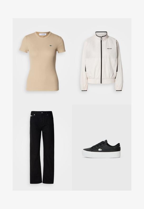 Calvin Klein Jeans RETRO TRACK JACKET - Casaco de treino - tofu; T-shirt de algodão ribado bege com mangas curtas, gola redonda, forma ajustada e um pequeno logo verde da Lacoste no lado esquerdo do peito.; Calças de ganga pretas de perna reta com cinco bolsos, rebites prateados e fecho de botão. O tecido tem um acabamento suave e ligeiramente texturizado.; Sapatilha preta de cano baixo feita de material sintético, com sola de borracha branca, atacadores pretos e um pequeno logótipo branco na lateral.