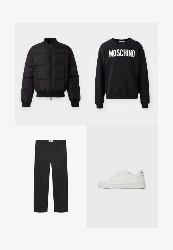 Melna pūšamā jaka ar rāvējslēdzēju priekšā, ribotām piedurknēm un apakšmalu. Iezīmējas ar dūnu struktūru un toņa zīmolu kreisajā krūšu kabatē.; Melnā sudraba auduma džemperis ar mīkstu tekstūru, kas iezīmē apļa formas apkakli un ribaini rupjas piedurknes. Izteiksmīgs balts "MOSCHINO" logotips uz priekšpuses.; Melnas chinos bikses, izgatavotas no gluda kokvilnas auduma. Tām ir pogu aizdare, priekšējās kabatas un taisna kāju piegriezums ar gludām malām.; Baltas ādas sneakers ar gludu virsmu, apaļu pirkstu daļu, plakaniem šņorēm un teksturētu zoli. Satur diskrētu logotipu uz papēža.