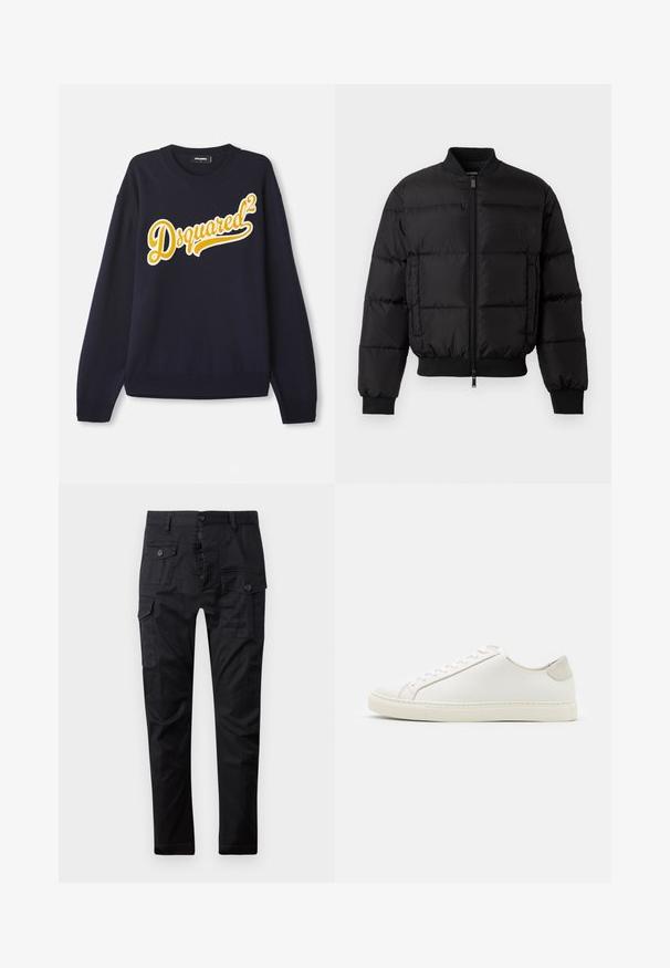 Zwarte pufferjack met een ritssluiting aan de voorkant, ribgebreide manchetten en zoom. Beschikt over een gewatteerd ontwerp en tonaal merk op de linkerkant van de borstzak.; Marineblauwe trui van zachte stof, met een groot geel geborduurd "Dsquared²" logo op de voorkant, ribbelkraag, boorden en zoom.; Zwarte katoenen T-shirt met korte mouwen, met een wit "DSQUARED2 MILANO" logo op de borst. Crew neck ontwerp, gladde textuur.; Zwarte cargobroek van duurzaam materiaal, met meerdere zakken, een knoopsluiting en een rechte pasvorm. Soepele textuur en matte afwerking.; Witte leren sneaker met een gladde oppervlakte, ronde neus en minimalistisch ontwerp. Heeft beige accenten op de hiel en een rubberen zool.