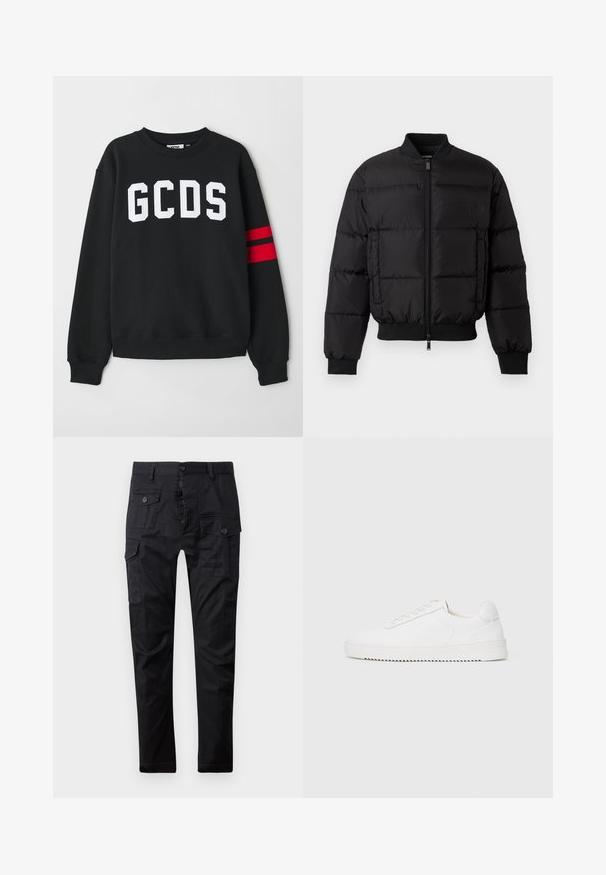 Giacca a spettro nera con zip frontale, polsini e orlo a costine. Presenta un design trapuntato e un logo tono su tono sulla tasca sinistra del petto.; Felpa nera con la scritta "GCDS" in bianco, col collo tondo e strisce rosse accentate sulla manica sinistra. Tessuto morbido.; Pantaloni cargo neri realizzati in tessuto resistente, dotati di multiple tasche, chiusura con bottone e design a gamba dritta. Texture liscia e finitura opaca.; Sneaker bianco con tomaia in pelle liscia, punta rotonda, lacci, accenti laterali testurizzati e suola in gomma spessa. Design minimalista.