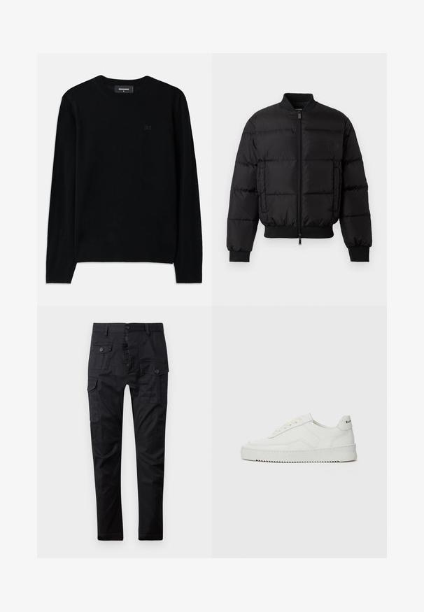 Black puffer jacket with a zip front, ribbed cuffs, and hem. Features a quilted design and tonal branding on the left chest pocket.; Black crew neck sweater made of soft fabric. Features long sleeves and subtle D2 logo detail on the front. Simple, classic design.; Black cargo pants made of durable fabric, featuring multiple pockets, a button fly, and a straight leg design. Smooth texture and matte finish.; White leather sneaker with a smooth finish, round toe, flat laces, and a textured sole. Features a subtle logo on the heel.