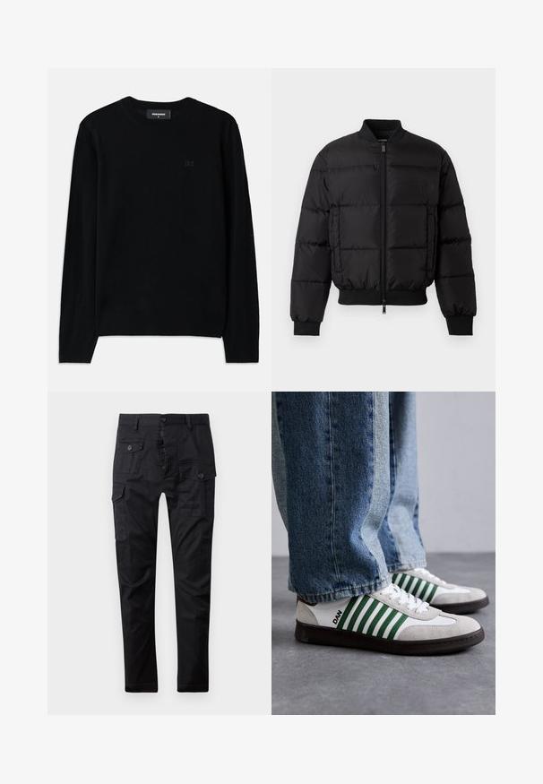Veste en duvet noire avec une fermeture éclair à l'avant, des poignets et un ourlet côtelés. Présente un design matelassé et un logo ton sur ton sur la poche gauche de la poitrine.; Sweat-shirt noir à col rond fabriqué en tissu doux. Dispose de manches longues et d'un détail logo D2 subtil à l'avant. Design simple et classique.; Pantalons cargo noirs en tissu résistant, avec plusieurs poches, une fermeture à bouton et un design à jambes droites. Texture lisse et finition mate.; Baskets blanches et vertes en matériaux daim et cuir, avec des rayures vertes, des lacets blancs et une semelle en caoutchouc. Associées à un jean bleu.