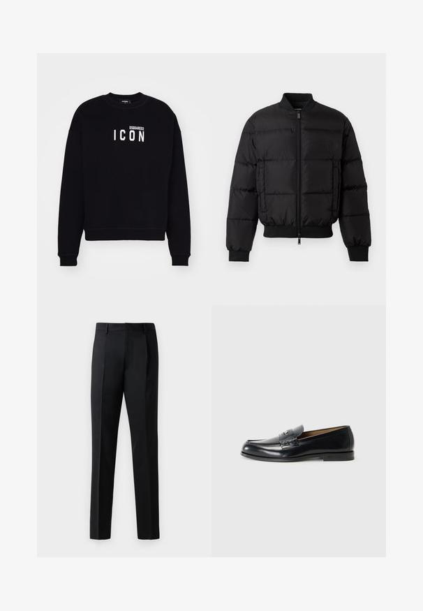 Giacca a spettro nera con zip frontale, polsini e orlo a costine. Presenta un design trapuntato e un logo tono su tono sulla tasca sinistra del petto.; Felpa nera realizzata in tessuto morbido. Presenta un colletto a girocollo e maniche lunghe. Logo bianco centrato con testo "DSQUARED2 ICON." Vestibilità classica.; Pantaloni formali neri realizzati in un tessuto liscio, con un design a gamba dritta, pieghe frontali e una vita standard senza decorazioni.; Mocassini in pelle neri con finitura liscia, punta rotonda, cuciture decorative e un piccolo dettaglio metallico sul davanti.
