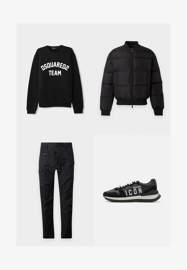 Zwarte pufferjack met een ritssluiting aan de voorkant, ribgebreide manchetten en zoom. Beschikt over een gewatteerd ontwerp en tonaal merk op de linkerkant van de borstzak.; Zwarte sweatshirt met lange mouwen, ronde halslijn en witte tekst "DSQUARED2 TEAM" over de borst. Zacht fabric, ribgebreide boorden en zoom.; Zwarte cargobroek van duurzaam materiaal, met meerdere zakken, een knoopsluiting en een rechte pasvorm. Soepele textuur en matte afwerking.; Zwarte sneakers van leer en suede, met een witte "ICON" logo en een contrasterende zwarte zool. De veters zijn wit; het ontwerp is sportief.
